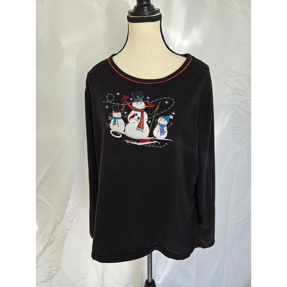 Womens 2XL Black Long Sleeve‎ Snowman Embroidered Christmas Holiday Top